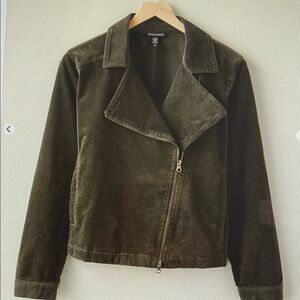 Eileen Fisher Dark Olive Corduroy Moto Style On Trend Jacket Gold Zipper Size XL